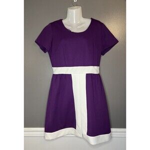 Mod Retro Dress Womens Medium Purple White Short Sleeve Colorblock Mini Zip Back